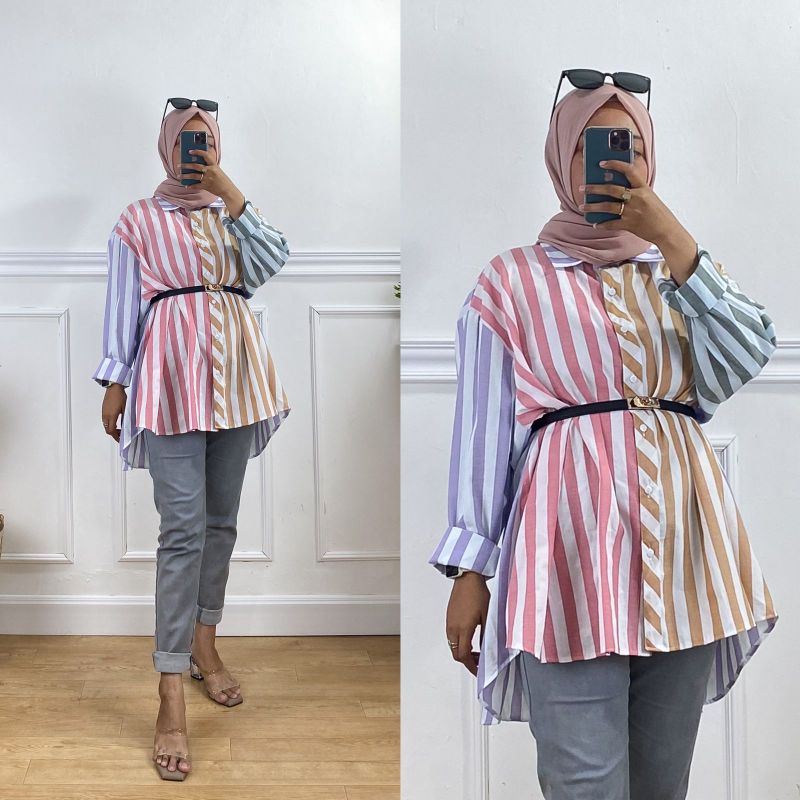 MIX STRIPE SHIRT | KEMEJA OVERSIZE ATASAN WANITA BAJU LENGAN PANJANG