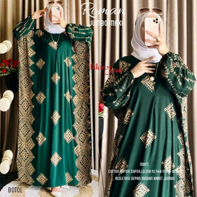 Kaftan Roman - Kaftan Wanita Jumbo Katun Rayon Batik Premium Busui  Dress Gamis Batik Bigsize Fashion Muslim Kekinian LD 150 cm