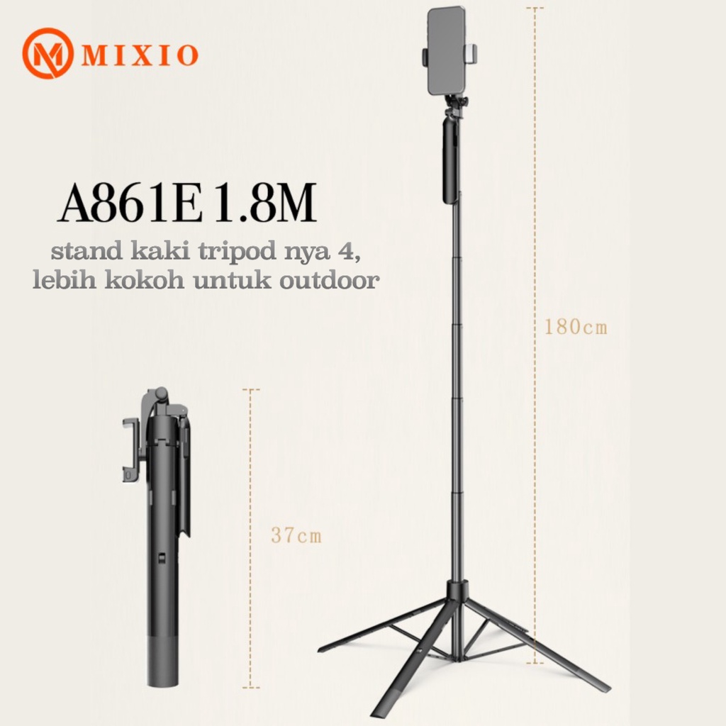 MIXIO A861E Tongsis Tripod 1.8M Bluetooth Stabilizer Gimbal LED