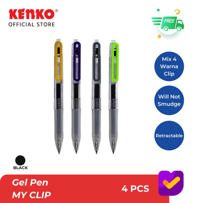 

NEW KENKO GEL PEN MY CLIP RETRACTABLE BLACK INK