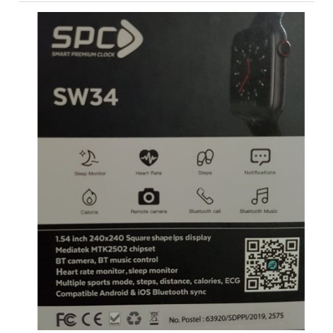 SPC SW34 HITAM SMARTWATCH JAM TANGAN PINTAR HEART RATE SUPPORT ANDROID iOS GARANSI RESMI