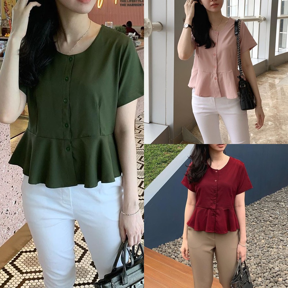 8FA - 716 SABRINA Blus Korean Pendek / Model Blouse Wanita Leher V  Moscrape 3 Warna Kekinian-Grosir 3 Warna