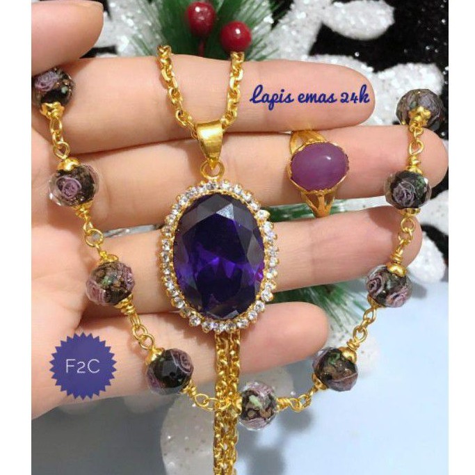 (AGS) Set Perhiasan Lapis Emas 24 Karat Xuping Gelang Cincin Kalung Batu Permata Ungu Gold Titanium