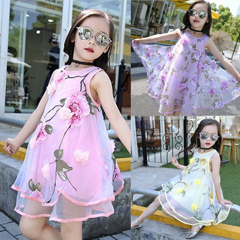 Dress Selutut Anak Perempuan Korea Model Princess Tanpa Lengan Motif Bunga untuk Musim Panas