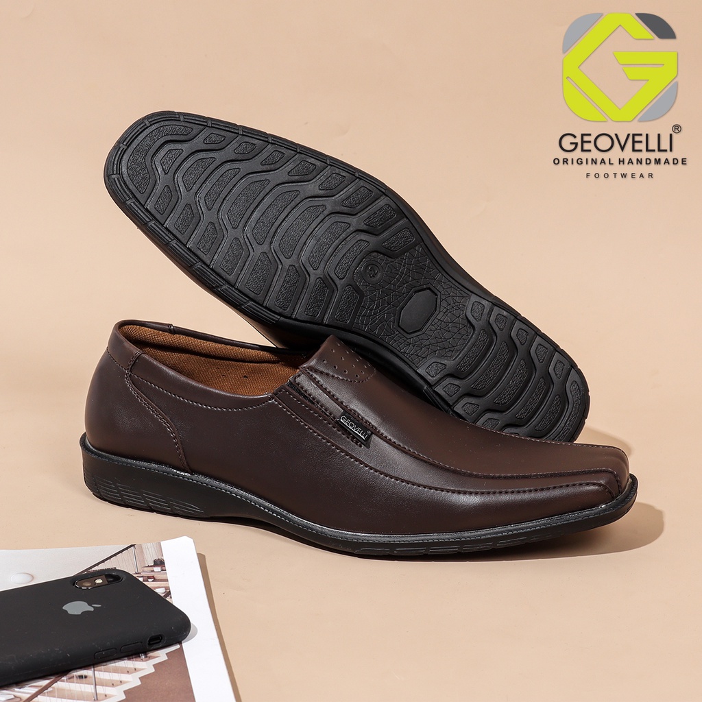 BIG SIZE 44 - 45 | Sepatu Kantor Pria Geovelli Pantofel Formal Kerja Dinas Pesta Kulit Sapi Asli Coklat Kopi Dan Hitam