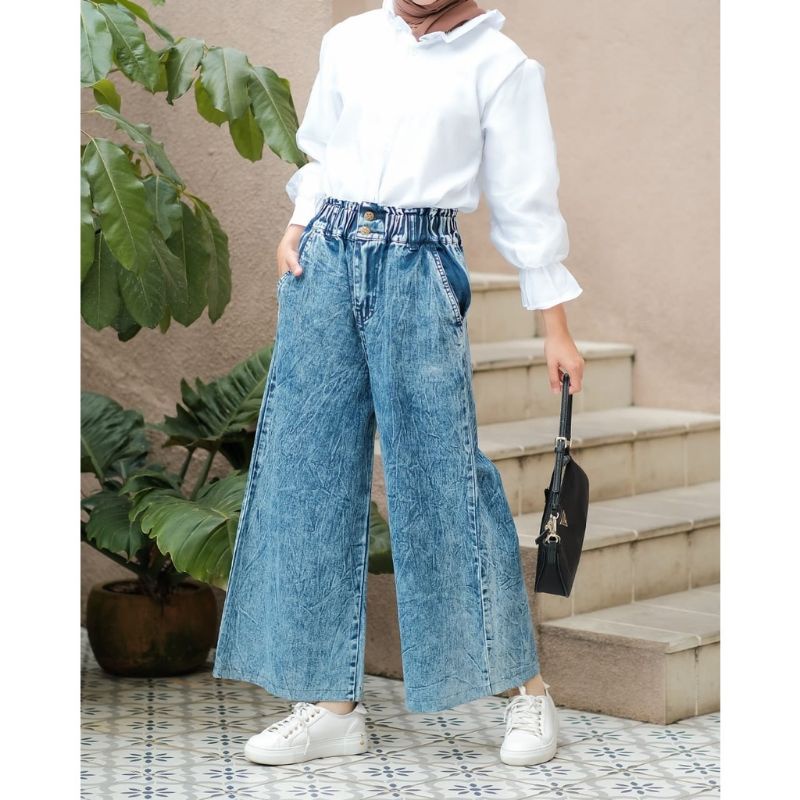 Celana Wanita Kulot Jeans Highwaist Pinggang Karet Korean Style Ootd Fashion Remaja Kekinia