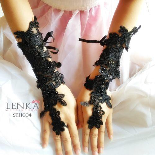 [PRODUK TERLARIS] AKSESORIS WEDDING PENGANTIN BRIDAL GLOVES HITAM BROKAT STH004