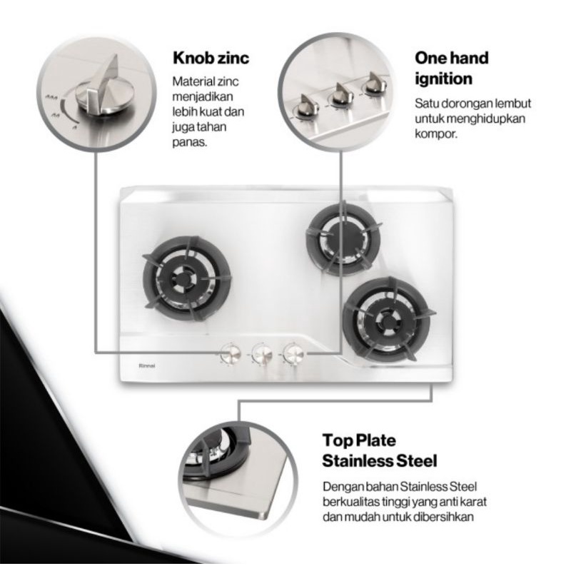 Kompor Gas Tanam 3 Tungku (Full Stainless) Rinnai RB 3 SS C S