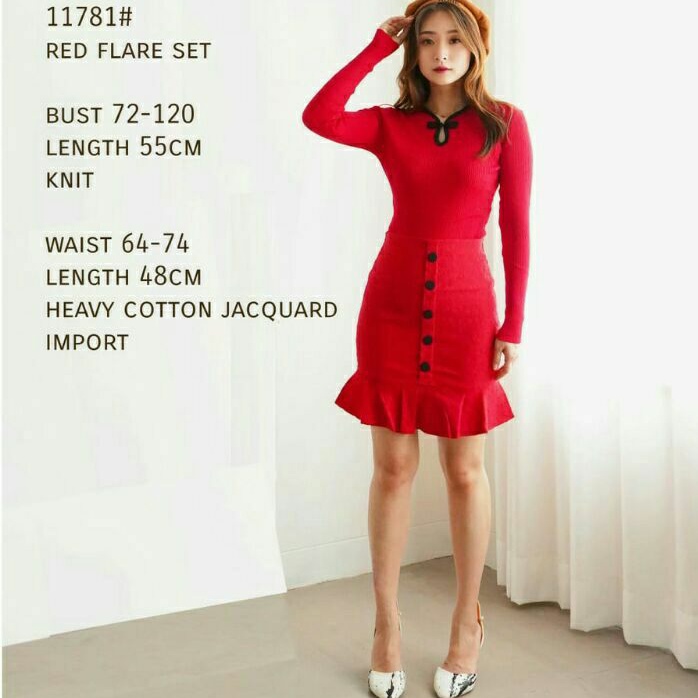 11781 REALPICT 2in1 Setelan baju merah set rok span mini skirt wanita import stelan baju lengan panj