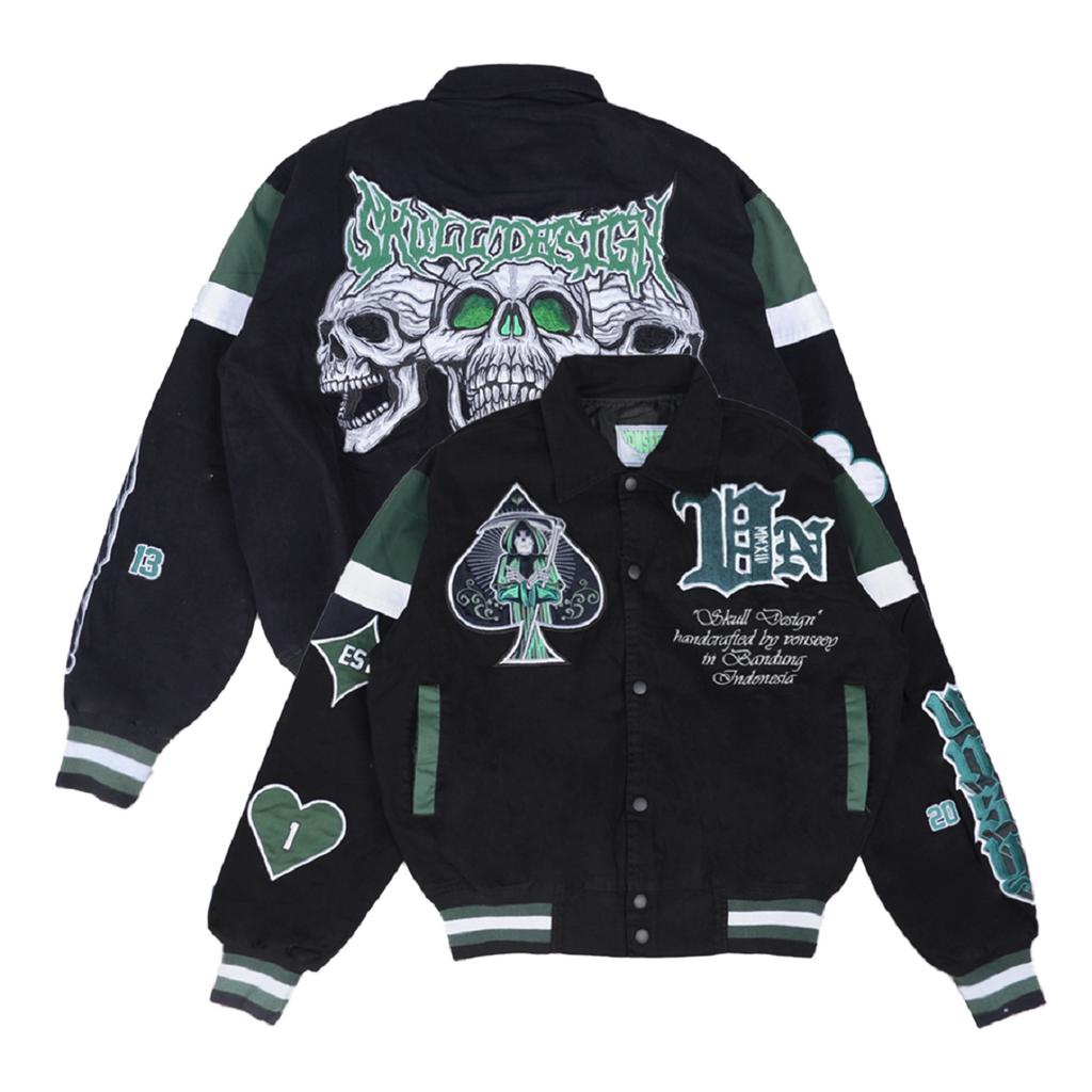 JAKET VARSITY SKULL DESIGN BY VONSEEY JAKET VARSITY VINTAGE VARSITY JACKET FULL BORDIR AMERICAN TWIL