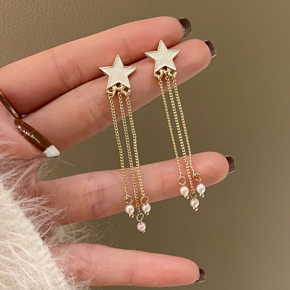 Anting Gantung Panjang Model Rantai Rumbai Aksen Bintang Bahan Metal Untuk Wanita
