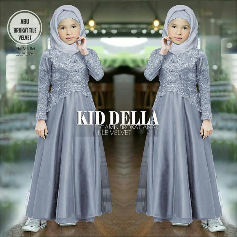 gamis maxi dress anak perempuan muslim della brokat premium import cocok anak umur 7-10 tahun