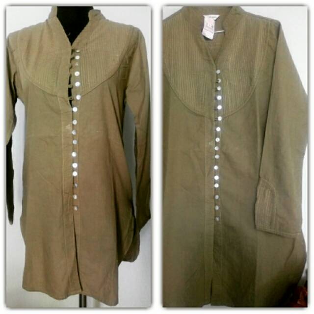 Atasan Kemeja Tunik Wanita Katun Hijau Army Polos