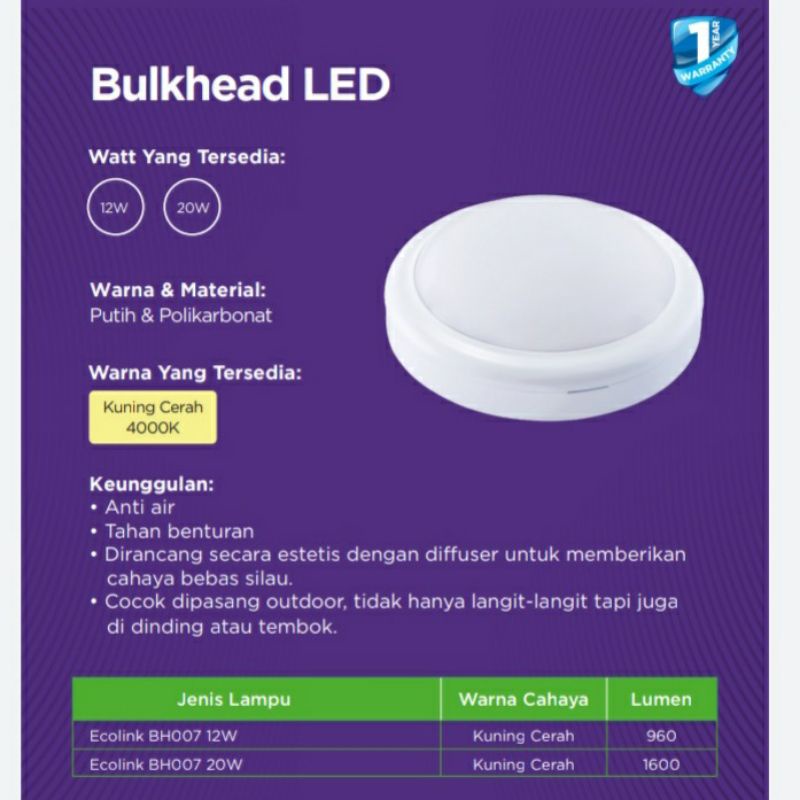 PROMO Lampu Bulkhead LED Ecolink 12 Watt 840 Kuning