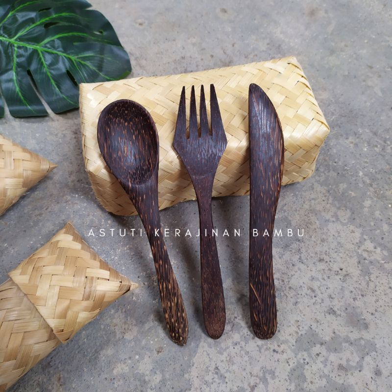 Sendok Garpu Pisau Kayu Aren 1 SET/sendok garpu set/cutlery kayu aren/spoon wood/sendok garpu kayu a