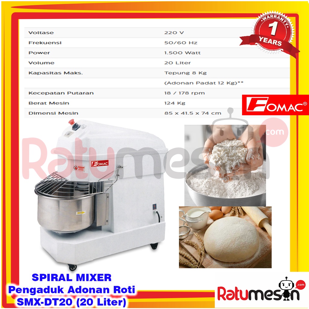 Spiral Mixer / Mesin Pengaduk Adonan Roti/Kue 20 Liter SMX-DT20 FOMAC
