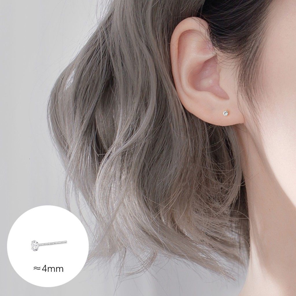 100% S999 Silver Needle Ear Stick Stud Earrings Diamond Zircon Basic Simple Helix Piercing Minimalist Hypoallergenic