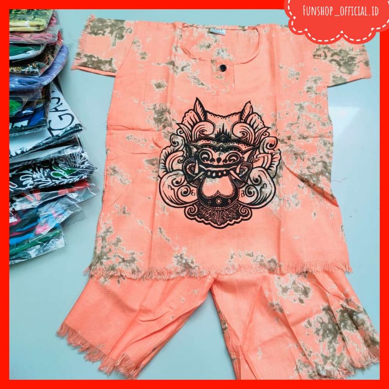 Setelan Baju dan Celana Pendek Motif Gambar Barong Bali Cewek / Cowok warna oren