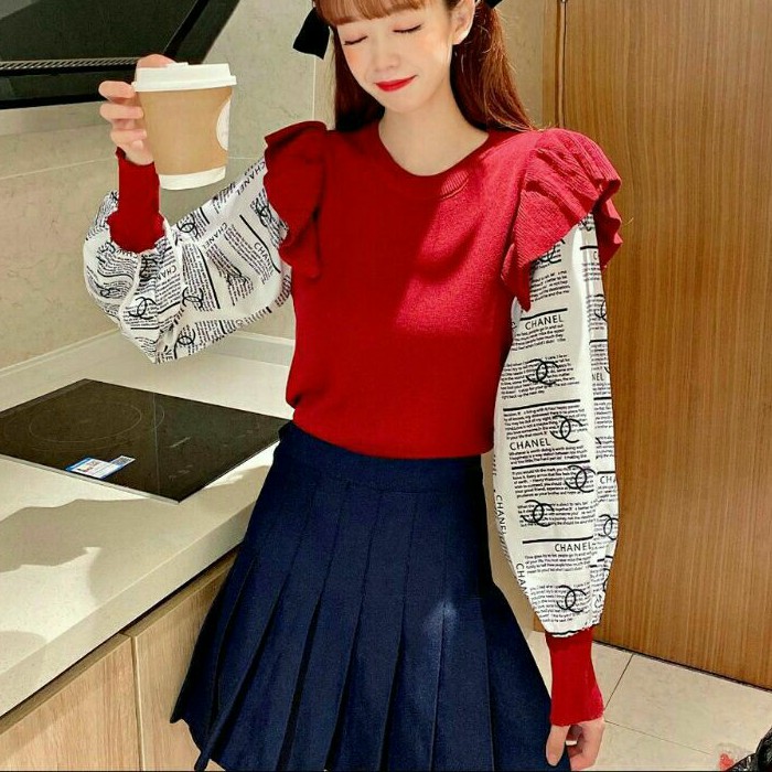 Elisa Baju atasan blouse rajut knit lengan balon wanita import baju blouse rajut cewek import korea