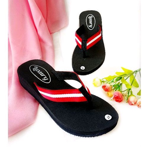 Sandal Wanita Terbaru - Sandal Polos - Sandal Wedges Spon - Sandal Jepit Wanita (merahputih)