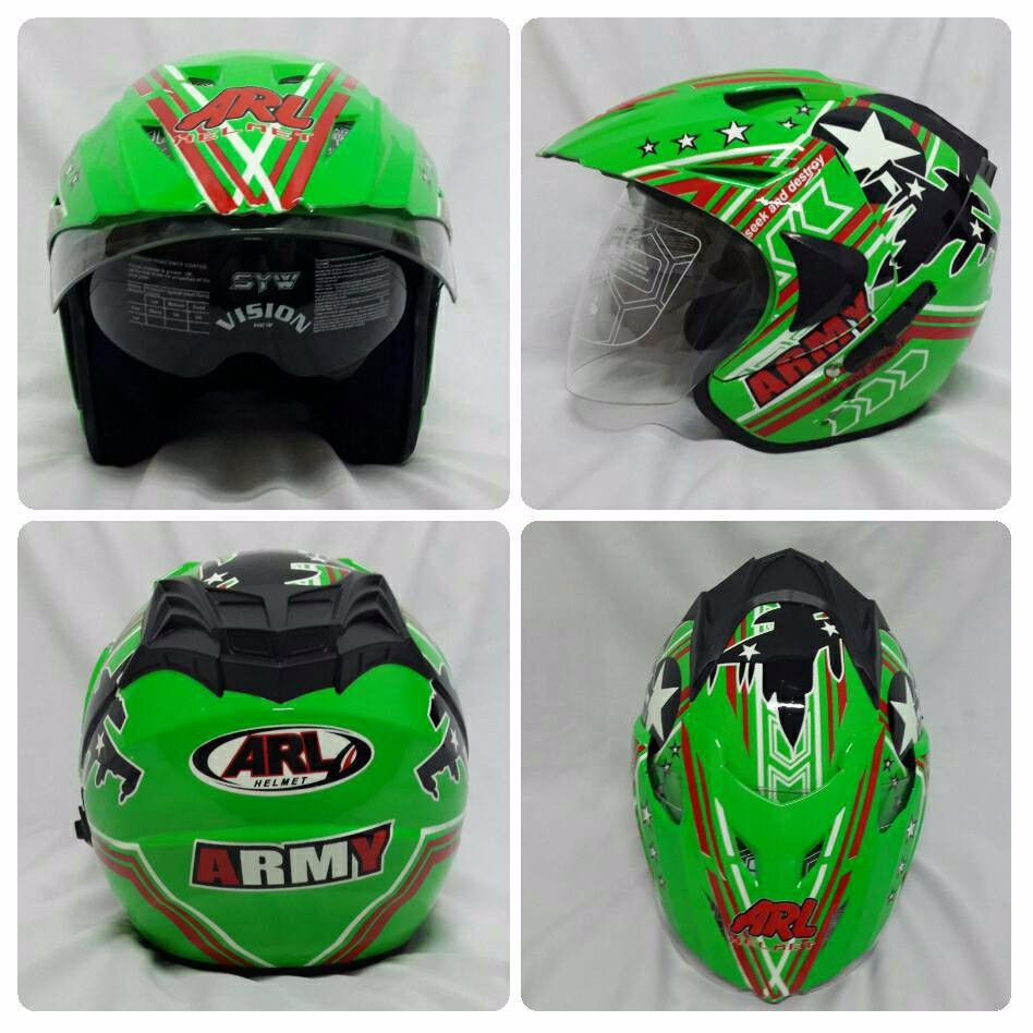 Helm ARL Half Face Double Visor Army Hijau.