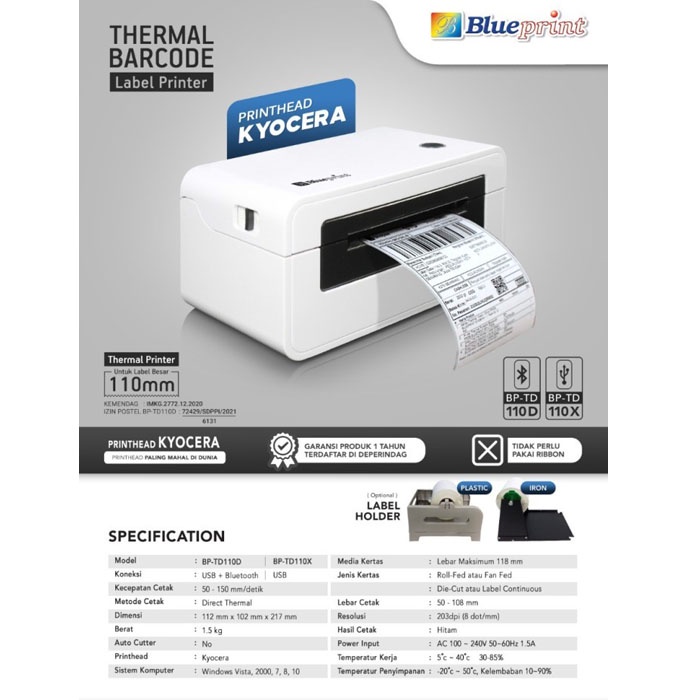 Blueprint Printer Thermal Barcode Label Resi A6 USB BP-TD110X