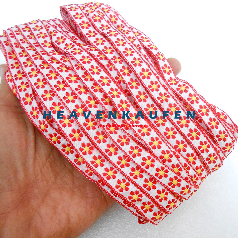 Pita Renda Lebar 1 cm Motif Bunga Warna Merah Per Rol 22 Meter Renda Tepi Mukena Taplak Craft Dll