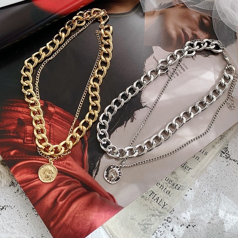 Retro Portrait Exaggerated Thick Chain Necklace Double Personality Chain Hip Hop Necklace Short Clavicle Chain