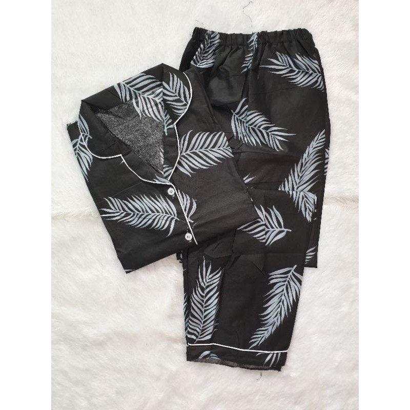 Baju Tidur Piyama Wanita/Cewek Pajamas Dewasa Katun Motif Daun-CP MOCCA BLACK