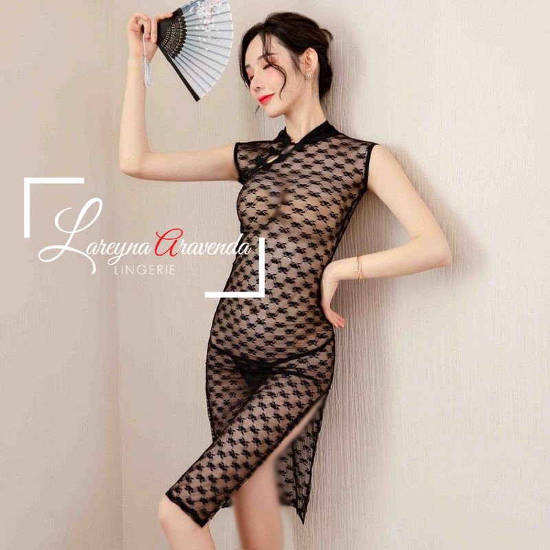 Set Lingerie + G String Seksi Model Kostum Gaun Cheongsam Lace Transparant LG329