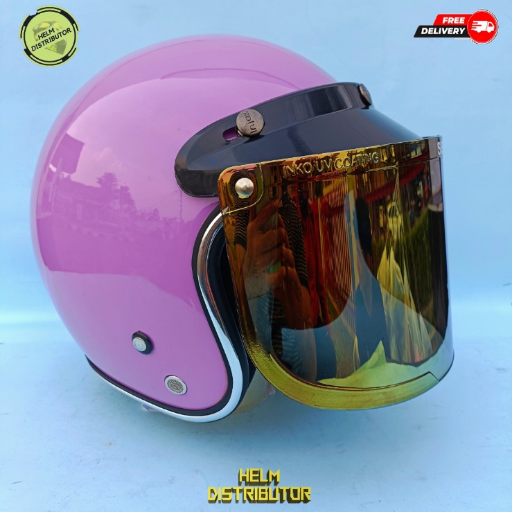 HELM BOGO DEWASA LIS CHROME KACA DATAR SILVER, BIRU DAN GOLD, KUALITAS PREMIUM, UNTUK PRIA DAN WANITA. COD