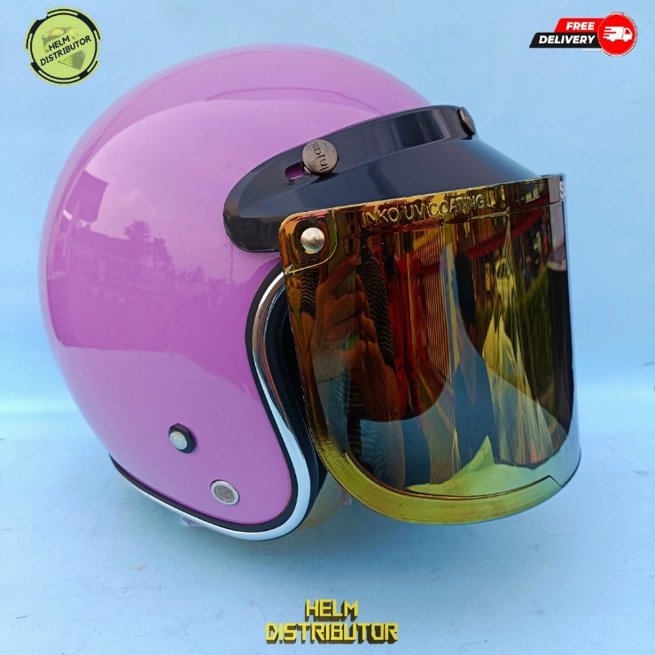 HELM BOGO DEWASA KACA DATAR BIRU DAN GOLD, LIS CHROME KUALITAS PREMIUM, UNTUK PRIA DAN WANITA. COD