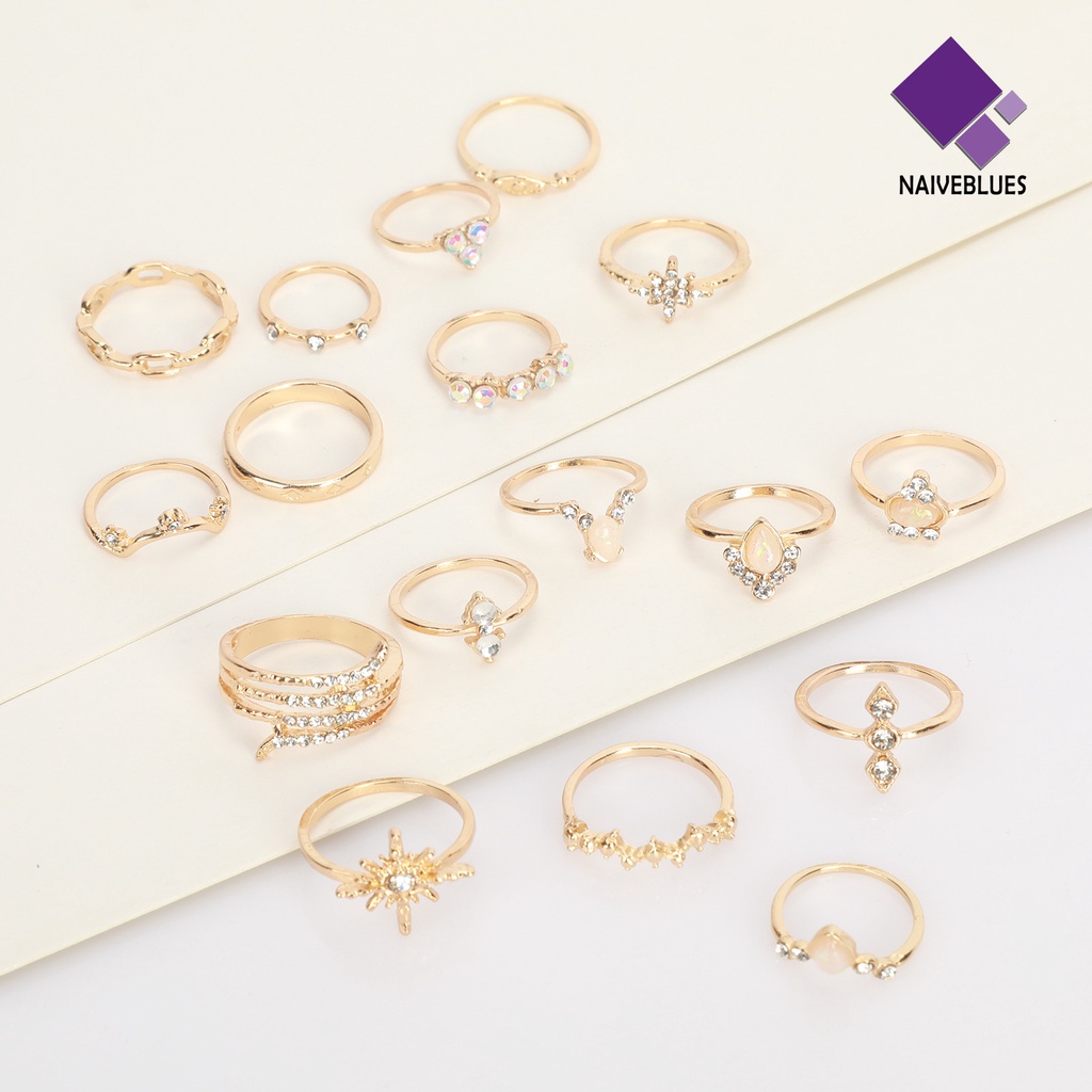 17pcs / Set Cincin Jari Permata Berlian Imitasi Gaya Bohemian Untuk Wanita