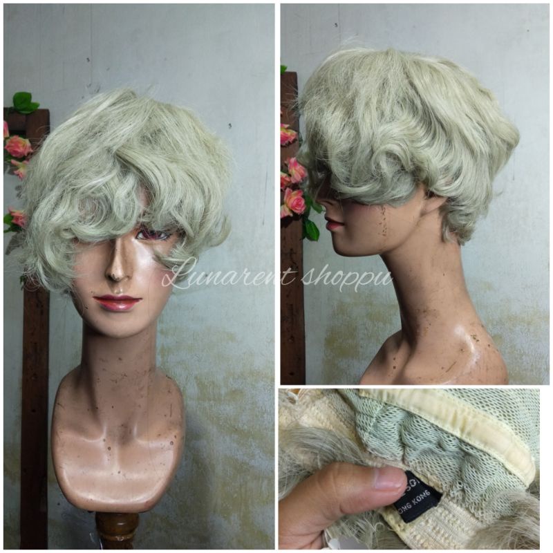 [READY STOK] WIG ASH blonde dirty white Curly kriting pria base rambut palsu