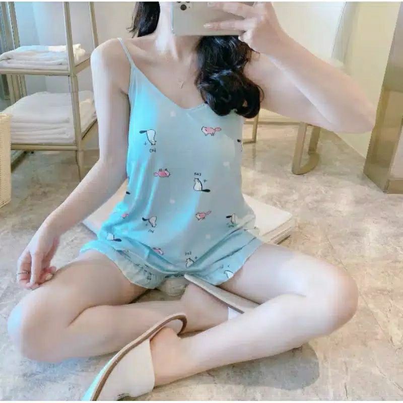 KZ_ Setelan piyama Tank bra kensi hp import / Set hp sleepwear Tank top import terbaru / baju tidur hp kensi bra wanita terkini