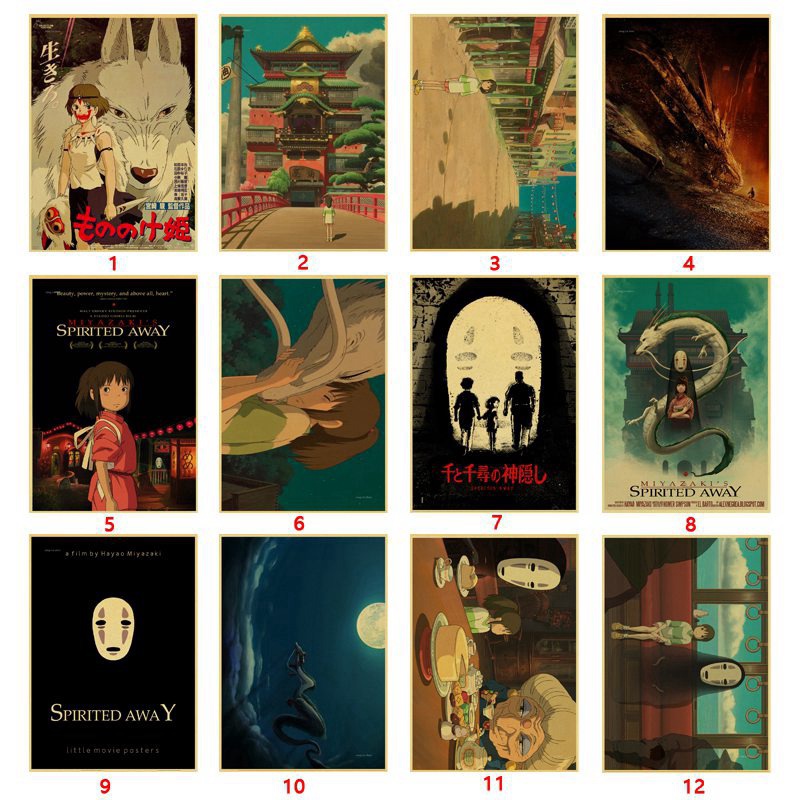 Retro Posters Spirited Away Hayao Miyazaki Cartoon Movie Poster Kraft Paper Painting Stickers Wall Hanging Painting Printed Draw