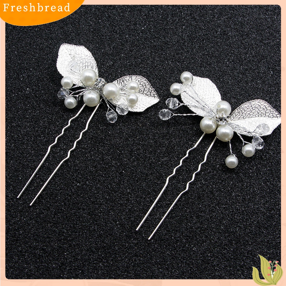 【Fresh】Bridal Wedding U Shape Leaf Rhinestone Faux Pearl Hair Stick Hairpins Gifts