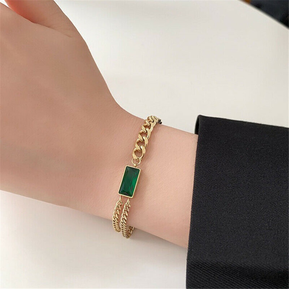 Gelang Rantai Liontin Persegi Model Lapis Ganda Gaya retro Untuk Wanita