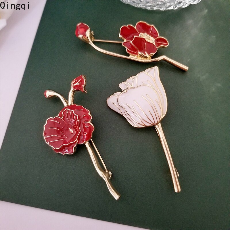 Bros Pin Desain Bunga Tulip Daisy Warna Putih Merah Gaya Klasik Elegan Untuk Hadiah Perhiasan Wanita