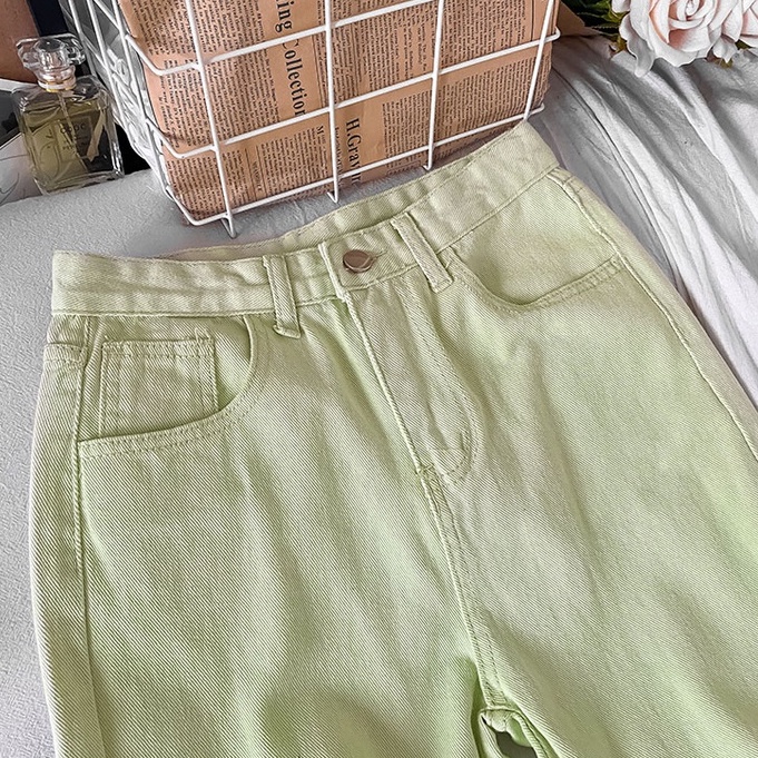 Jeans Highwaits Import  Celana Wanita /Straight Loose Kasual Jeans Wanita /Warna Kuning Hijau（realpict）