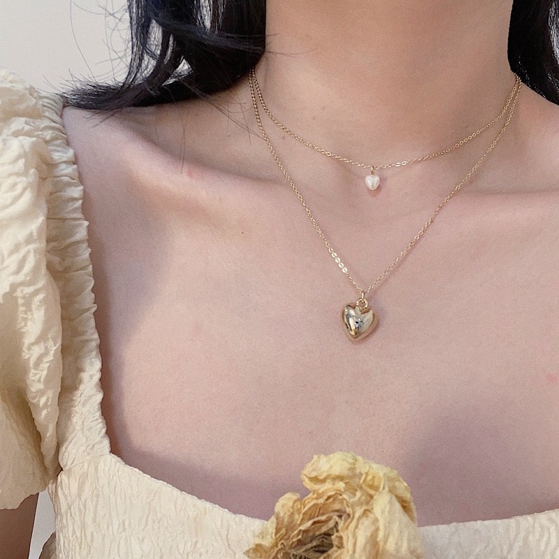 Kalung Rantai Klavikula Bahan Logam Lapis Emas Hias Mutiara Imitasi Bentuk Hati Gaya Retro Untuk Wanita