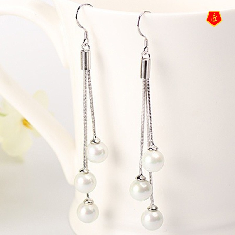 [Ready Stock]Shell Pearl Earrings Women's Long Tassel Temperamental