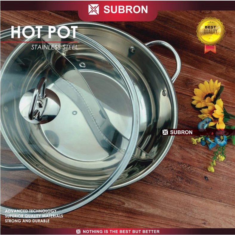 ( KJO ) PANCI SHABU SUBRON SEKAT 2 SUKIYAKI STEAMBOAT HOT POT HUO GUO STAINLESS TUTUP KACA