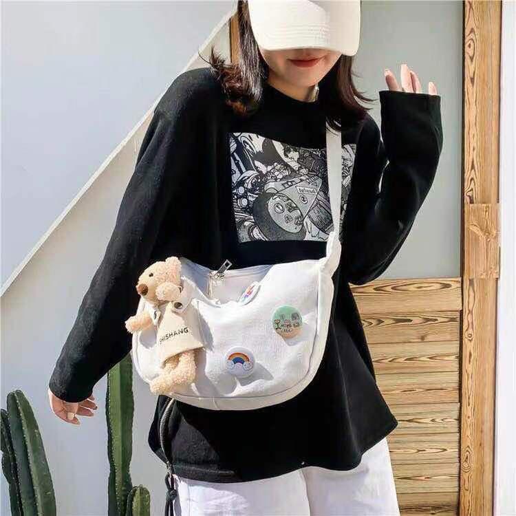 Tas Selempang Sling Messenger Bag Wanita Bahan Kanvas Boneka Bear Beruang dan Bros Lucu Janice