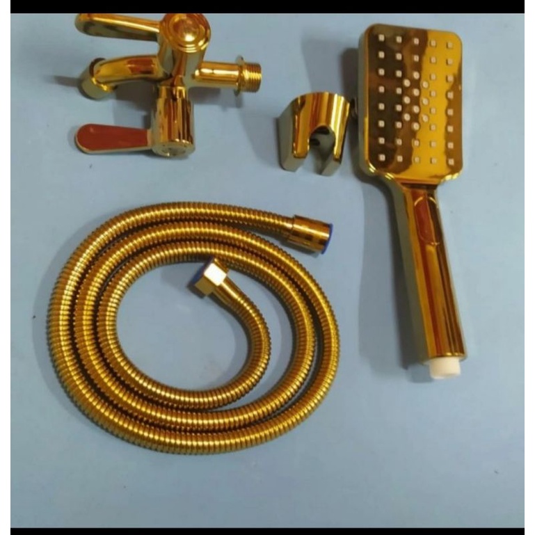 Hand shower gold komplit+ Kran cabang/ paket hand shower gold