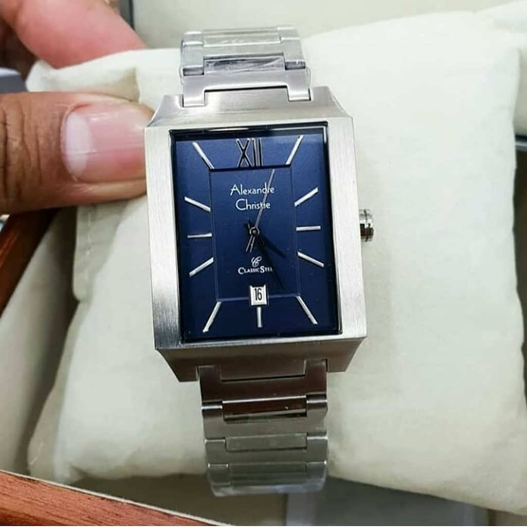 Jam Tangan Ori Alexandre Christie Wanita AC 8643 Silver Blue Biru Navy Kotak Rantai Stainless Alexan