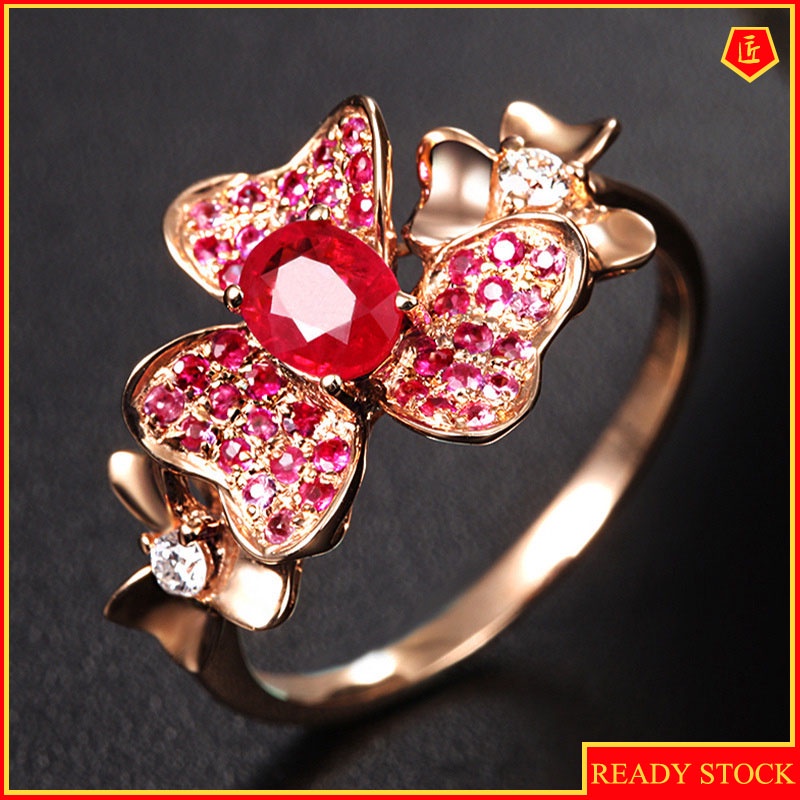 [Ready Stock]Fashion Elegant Rose Gold Flower Red Gem Ring