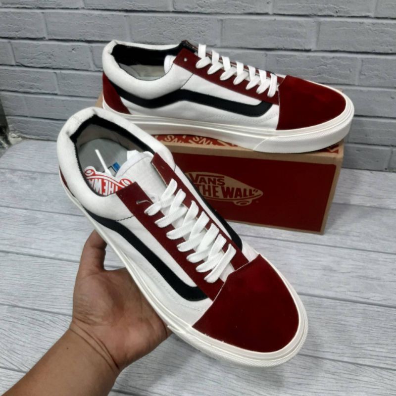 vans old skool maroon white list hitam