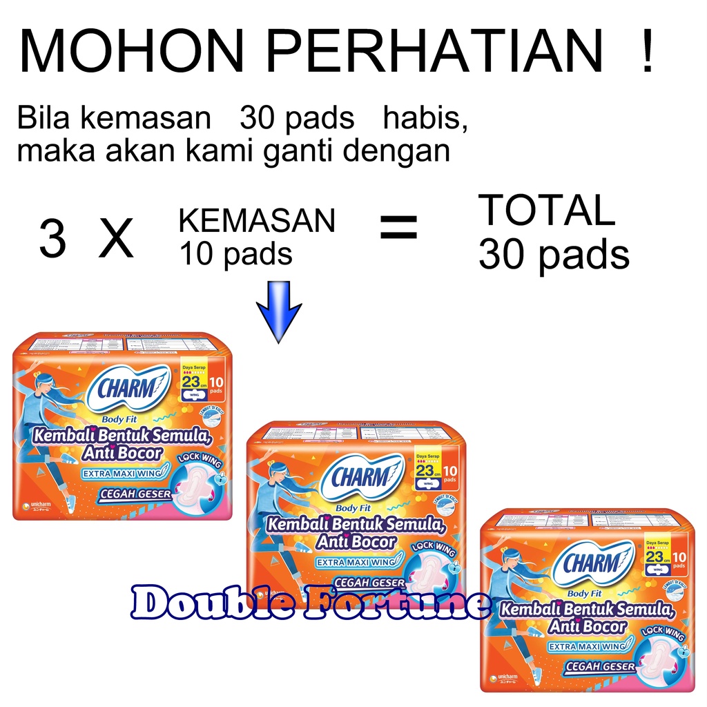 PEMBALUT CHARM BODY FIT EXTRA MAXI WINGS ISI 30 PADS