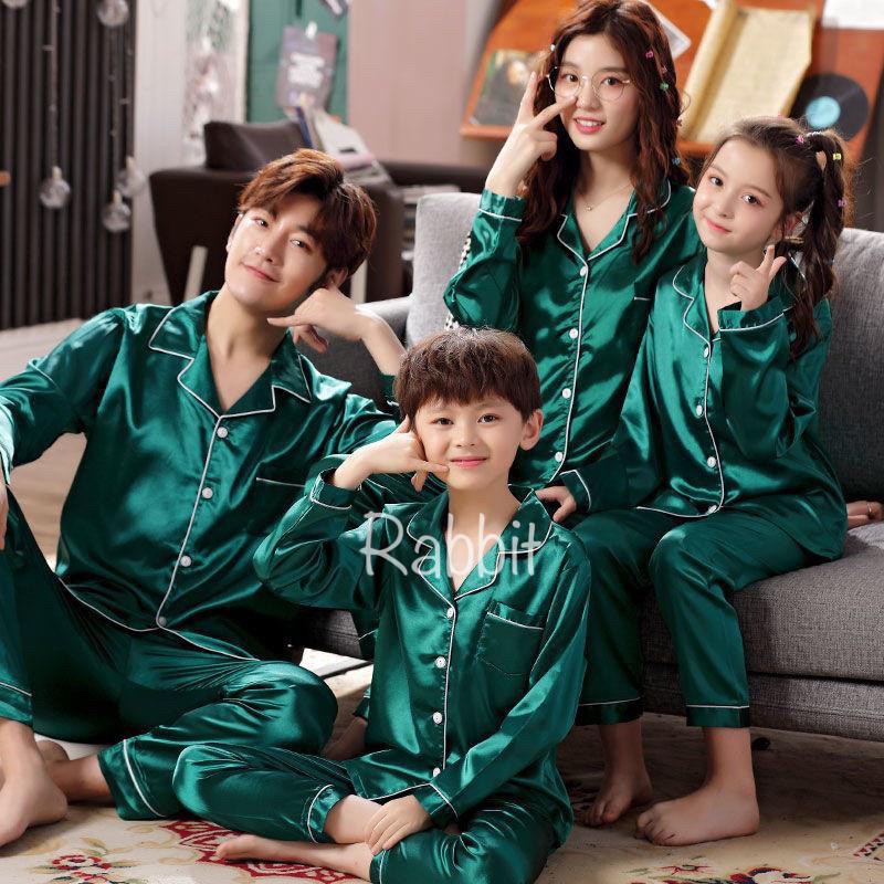 couple keluarga satin hijau polos stelan bajutidur piyama ayah ibu dan anak / couple family mom kids